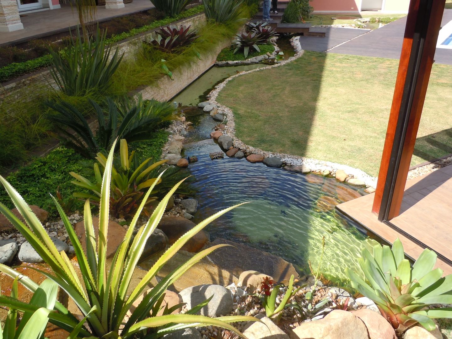 Lago artificial Flávia Brandão - arquitetura, interiores e obras Tropical style garden Plantar,Água,Botânica,Verde,Planta terrestre,Arecales,Grama,Lazer,Paisagem,Cobertura do solo