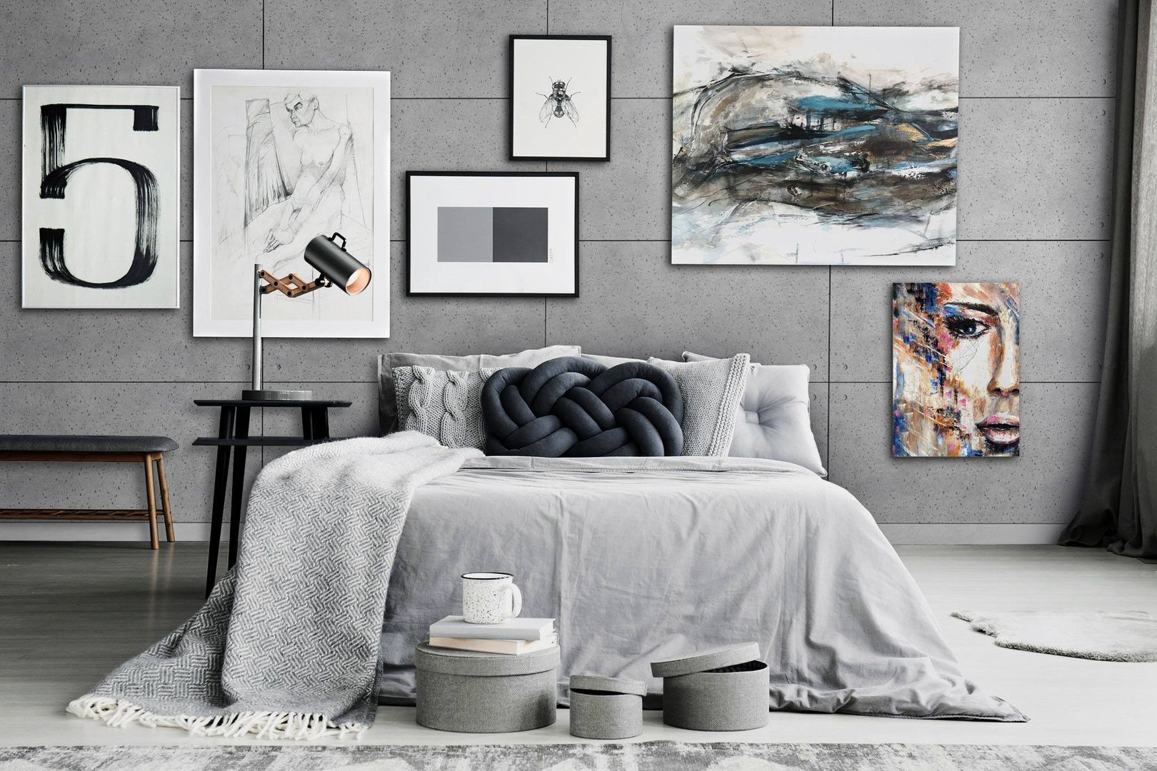 Betonoptik Hollow Platten 60x100 cm mit runden Vertiefungen in dove grey Loft Design System Deutschland - Wandpaneele aus Bayern Modern Bedroom betonoptik,betondesign,schlafzimmer,schlafzimmerdesign,schlafzimmerwand,beton,sichtbeton,Wandtattoo,beton optik,betonoptik tapete