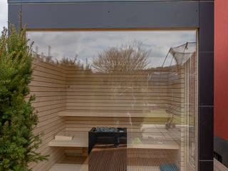 Design Gartensauna mit Panoramaverglasung. Innenansicht, Finnische Espe design@garten GmbH & Co. KG Sauna Wood-Plastic Composite Sauna,Gartensauna,Cubus,Design Gartenhaus