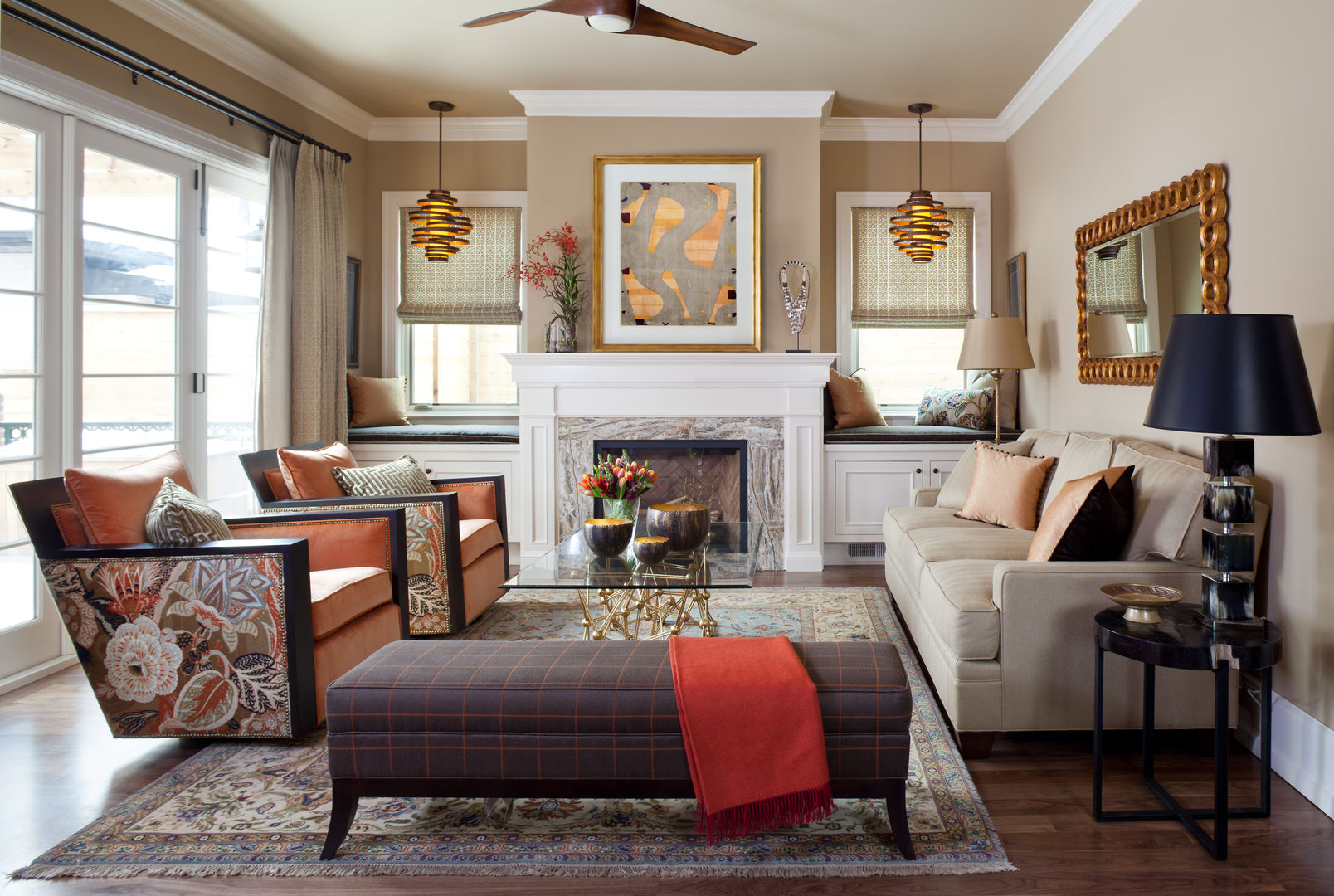 Supremely Sophisticated, Andrea Schumacher Interiors Andrea Schumacher Interiors Living room Upholstered swivel chairs,upholstered bench,area rug,cocktail table,shades,pendant lights,window seats,sofa,framed art,'