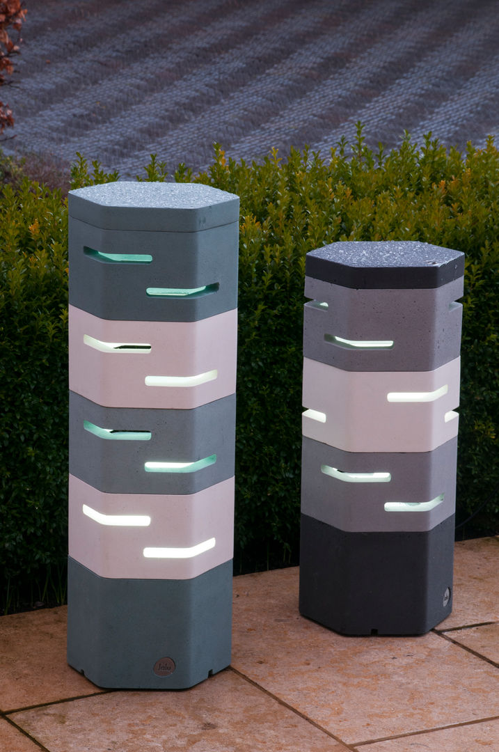 Holix IV in Serene Blue Dark and Vanilla Ice alongside Holix III Jalu Ltd Modern Garden Designer lighting,Bold,Bespoke colours,Modular,Roof terrace,Inside out,Outdoor living,Al fresco,Hospitality,Lighting