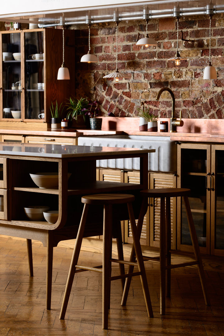 The Haberdasher's Kitchen by deVOL deVOL Kitchens Kitchen Solid Wood Multicolored kitchen island,oak kitchen,wooden stool,seating,marble worktop,mid-century,haberdashery