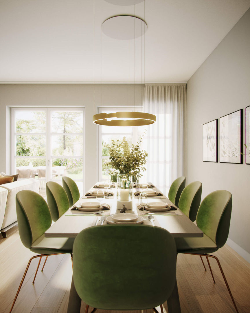 Blick auf den Esstisch build Architektur-Visualisierung UG Classic style dining room Containerhaus,Containerhaus, Esstisch, Grün, Gold, Hängeleuchte,