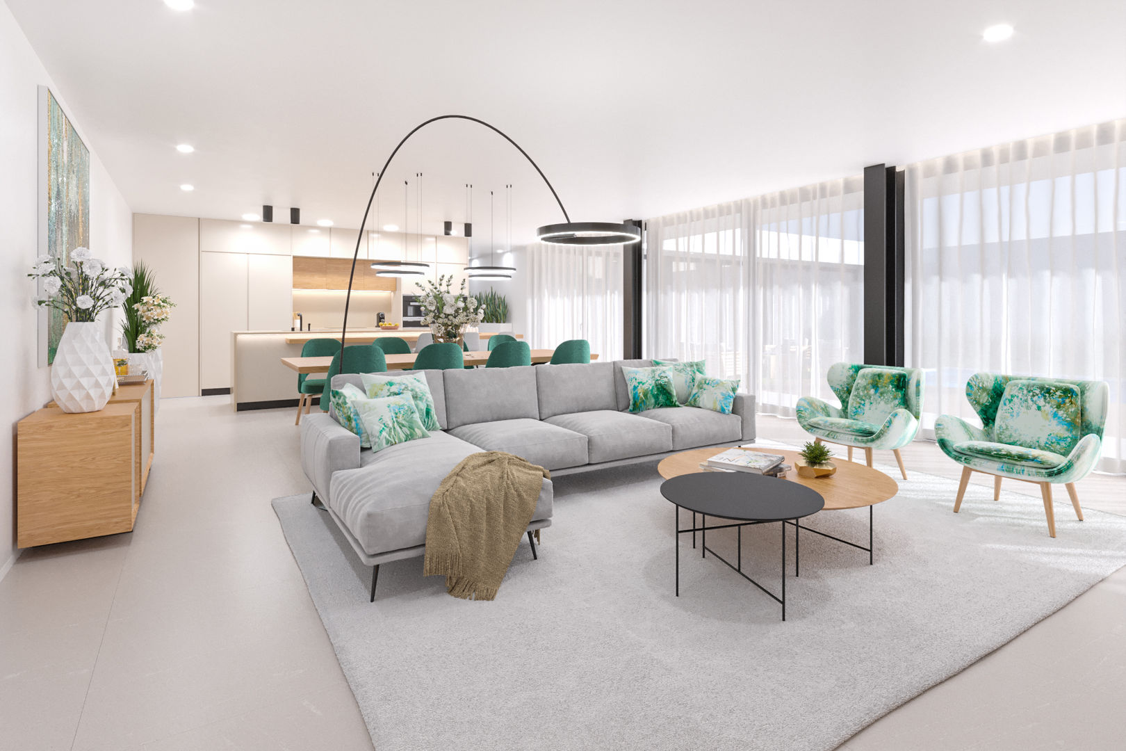 3D Sala de Estar/Living Room - Open Plan Pascal Millasseau Construction Open Plan, Sunlight, kitchen, living room, dining room, Casa, piscina, jardim, vidros, lote, lotes, moradia, espaço, espaçoso, vista, verde, natureza, garagem, cozinha, t3, quartos,house, pool, garden, windows, space, open space, nature, garage, bedroom, Condominium