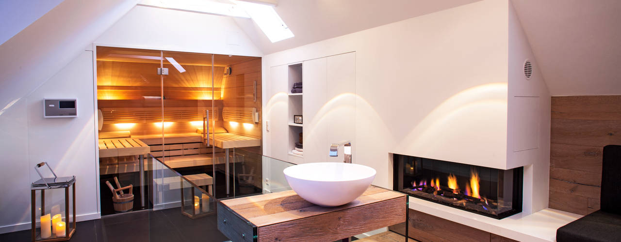 Dachbodenausbau , schulz.rooms schulz.rooms Modern Spa Tisch,Möbel,Eigentum,Couch,Kompfort,Holz,Innenarchitektur,Orange,Wohnzimmer,Bodenbelag