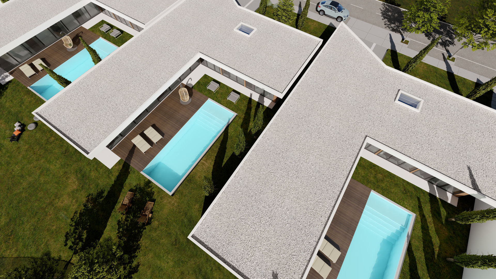 3D Vista aérea costas Pascal Millasseau Construction Casa, piscina, jardim, vidros, lote, lotes, moradia, espaço, espaçoso, vista, verde, natureza, garagem, cozinha, t3, quartos,house, pool, garden, windows, space, open space, nature, garage, bedroom, Condominium