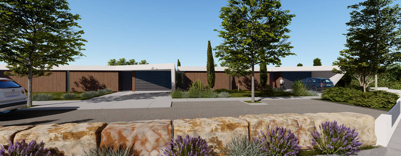 3D Fachada frontal Pascal Millasseau Construction Casa, piscina, jardim, vidros, lote, lotes, moradia, espaço, espaçoso, vista, verde, natureza, garagem, cozinha, t3, quartos,house, pool, garden, windows, space, open space, nature, garage, bedroom, Condominium