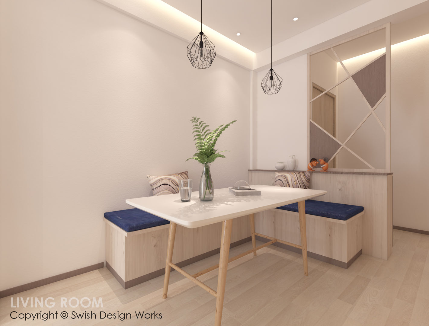 Dining area Swish Design Works Modern Dining Room Plywood dining,table,bench,pendant lights,covelight,living,white,blue