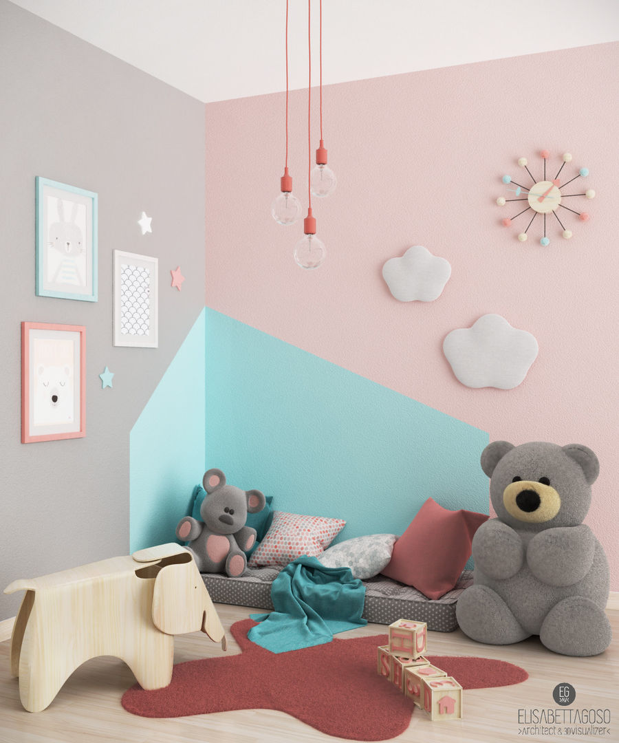 Cameretta#1 Elisabetta Goso >architect & 3d visualizer< Nursery/kid’s room Prodotto,Comfort,Interior design,Tessile,Rosa,Grigio,Lampada,Legna,Linea,Parete